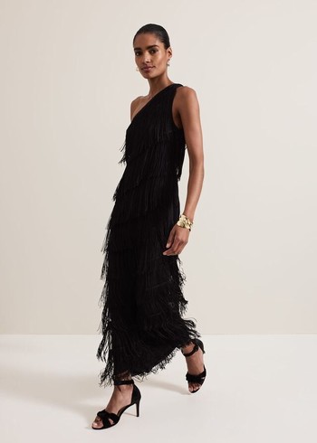 Phase Eight Otto One Shoulder Fringe Dress Black USA | 2931687-DX